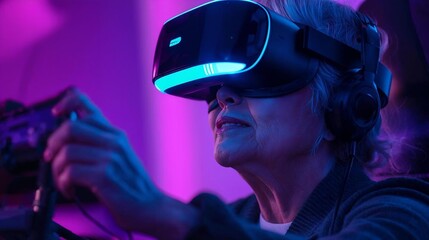 Senior woman using VR headset at home