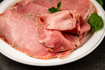 Ham spam pork prosciutto cotto natural product tasty snack fresh delicious gourmet food background on the table rustic top view copy space