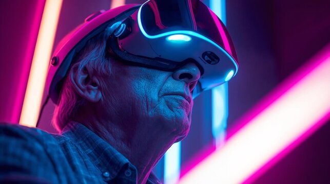 Old man having fun with virtual reality technology