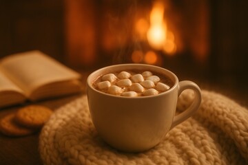 Cozy Hot Chocolate with Marshmallows by a Warm Fireplace