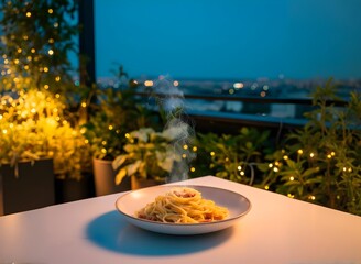 Steaming Pasta Dish on a Romantic Rooftop at Dusk