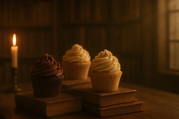 A Trio of Cupcakes Bathed in Warm Candlelight