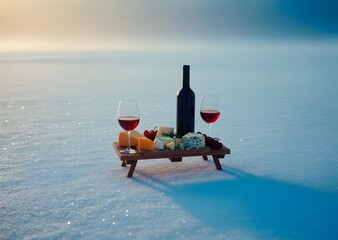 Romantic Winter Wine and Cheese Picnic in a Snowy Landscape