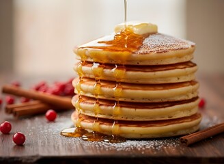 Delicious Stack of Pancakes with Maple Syrup and Berries