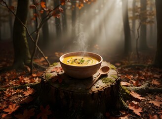Steaming Autumn Soup in a Misty Forest with Autumn Leaves