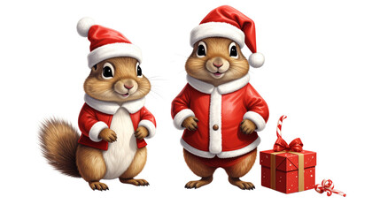 Cute Christmas xerinae ground squirrel pair in Santa suit isolated on transparent background