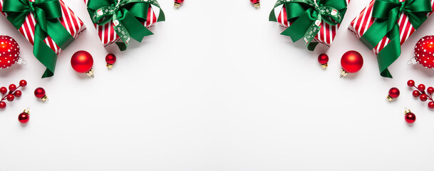 Merry Christmas and Happy Holidays greeting card, frame, banner. New Year. Red green Christmas...