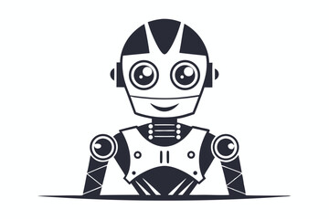 Adorable cartoon robot with big eyes smiles cheerfully, rendered in a monochrome, simplified outline