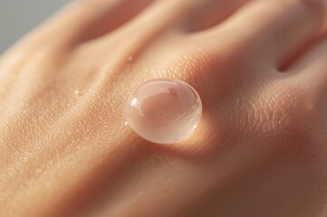 Fototapeta premium Macro droplet of milky serum glides gently over textured skin in luminous morning light