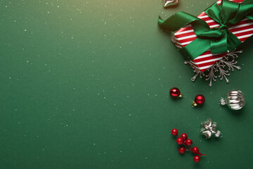 Merry Christmas and Happy Holidays greeting card, frame, banner. New Year. Red Christmas ornaments...