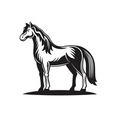 An equine black figure stands elegantly, showcasing powerful musculature and confident posture on white