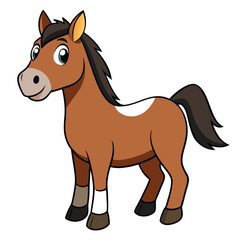 Animated brown horse cartoon character stands happily with one white marking on its side