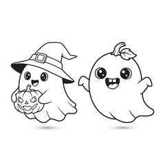 Cute Halloween Ghosts with Witch Hat and Pumpkin - Spooky Kawaii Cartoon Character Illustration for Kids Coloring Pages and Crafts