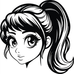 Animated manga girl displays detailed eyes and ponytail in a stark black and white lineart
