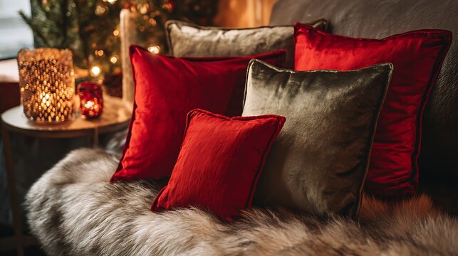 Cozy christmas scene with red and beige pillows on a fur blanket indoors