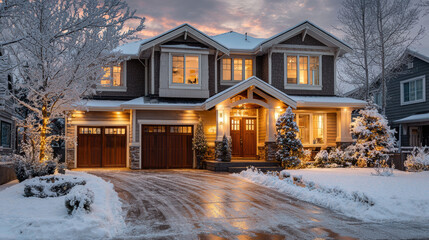 Beautiful snow covered house glowing with warm lights at winter twilight. Inviting residential home with festive decorations, reflecting coziness and holiday spirit.