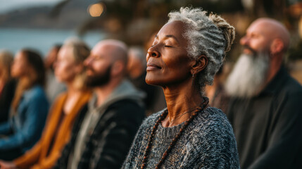 Serene senior African American woman meditates peacefully outdoors with eyes closed, wearing a beaded necklace. Warm light illuminates her face, surrounded by a blurred diverse group.