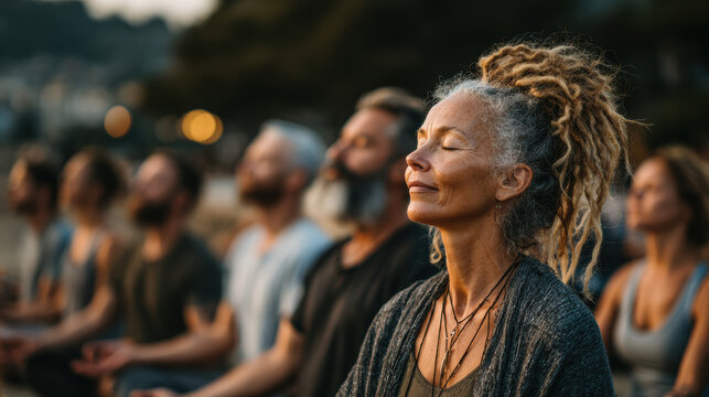 A serene mature woman with dreadlocks meditates peacefully outdoors with closed eyes. A diverse group practices mindfulness and wellness in a calming natural setting. - Powered by Adobe