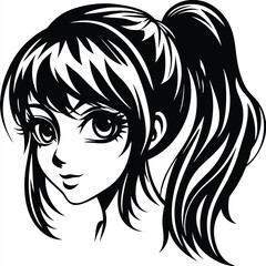 Anime girl with big eyes and ponytail smiling gently in monochromatic illustration