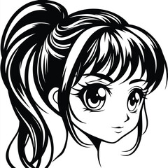 Anime girl with dark hair tied in a ponytail, drawn in black and white