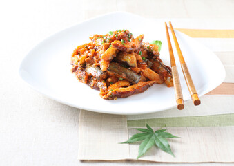 A Korean-style steamed dish made with tender eggplant and shiitake mushrooms seasoned in soy sauce and sesame oil for a light, savory flavor. Created by Master Chef Hanshunseop. Photographed in Korea.