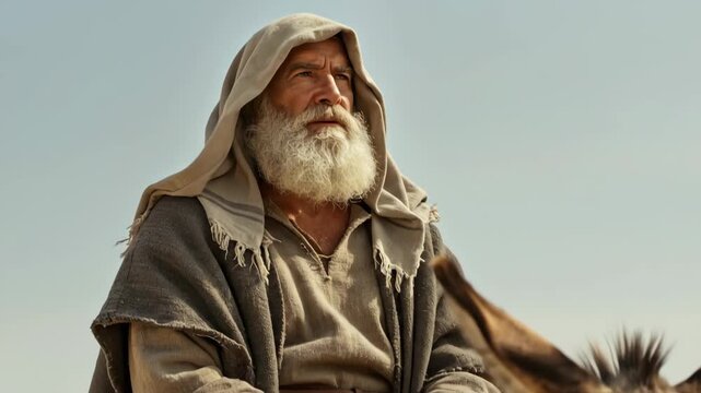 Old man with beard in ancient robes riding a donkey across biblical desert, depicting a prophet or pilgrim from old testament era, footage.