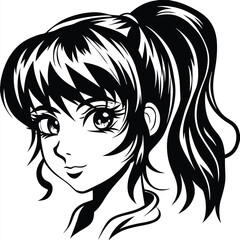Anime girl's monochrome portrait shows a serene smile with a stylish ponytail hairstyle