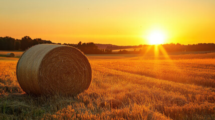 Sun setting behind rolling farm fields, hay bales, crickets chirping in grass, long shadows, timeless harvest mood