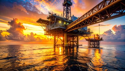 Obraz premium Offshore Oil Platform at Sunrise With Mist and Wet Metal Reflections