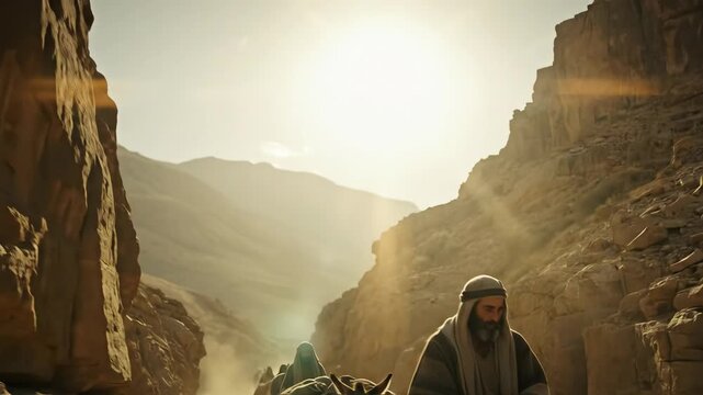 Man on a donkey in a desert canyon at sunset, biblical journey through ancient middle eastern land, religious concept, footage.