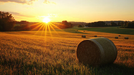 Sun setting behind rolling farm fields, hay bales, crickets chirping in grass, long shadows, timeless harvest mood