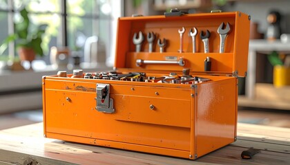 Vintage orange toolbox with assorted tools on wood surface symbolizing craftsmanship utility and workshop heritage
