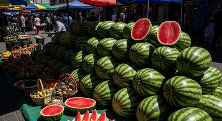 Fresh Watermelons Displayed At Outdoor Market, Fresh Food and Culinary Shopping