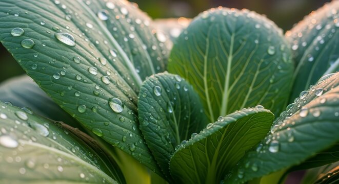 Fresh Wet Bok Choy Close Up Displaying Verdant Leaves and Beaded Water Droplets