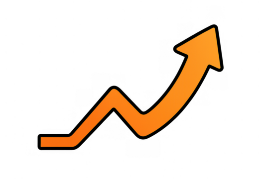 Orange arrow forming a line graph moving upwards, symbolizing growth, progress, and positive trends on transparent background