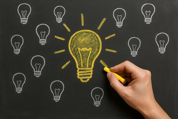 Creative innovation concept with hand sketching big yellow light bulb surrounded by chalk illustrations symbolizing ideas and inspiration