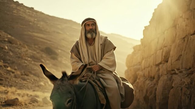 Old man riding donkey on desert road with second donkey following, biblical ancient Israel journey, gospel concept.