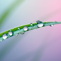 A close-up of a green leaf with dewdrops glistening in soft pastel light, creating a serene and refreshing natural atmosphere.