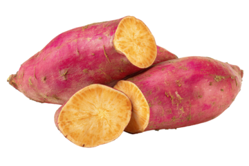 Close-up of sliced sweet potatoes.  Fresh, vibrant pink skin with pale yellow flesh.  Slices reveal the interior