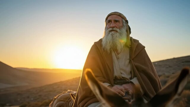 Old testament man riding a donkey at sunset, traveling through old biblical lands, spiritual journey religious footage