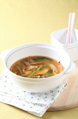 A Korean-style soup made with shiitake mushrooms, cabbage leaves, and soybean paste for a rich, earthy flavor. Created by Master Chef Hanshunseop. Photographed in Korea.