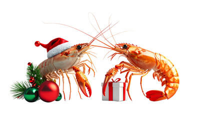 Cute Christmas shrimp pair in Santa suit isolated on transparent background