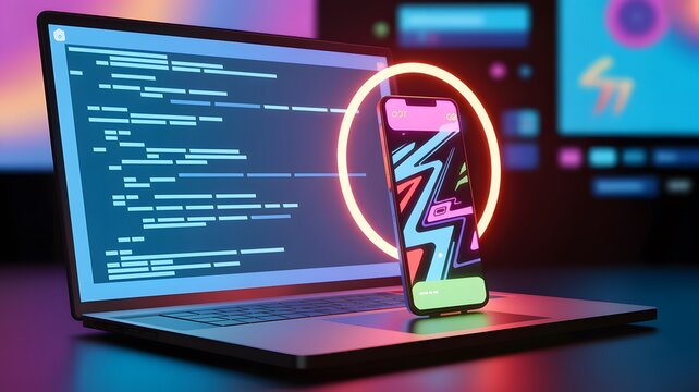 Modern laptop displaying code with smartphone and neon ring - Powered by Adobe