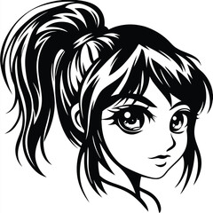Attractive anime girl with big eyes and stylish ponytail is confidently staring ahead