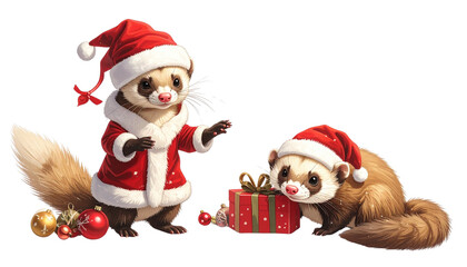 Cute Christmas weasel pair in Santa suit isolated on transparent background