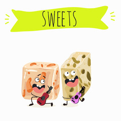 Tasty nougat, turkish delight, Halva confection, funny characters, hand drawn vector illustration.