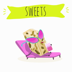 Tasty nougat, turkish delight, Halva confection, funny characters, hand drawn vector illustration.