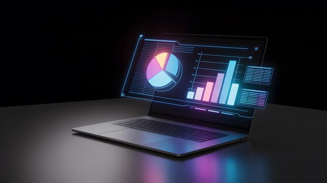 Modern laptop displaying colorful financial data and charts