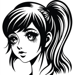 Fototapeta premium Black and white anime girl with ponytail poses smiling and looking directly ahead