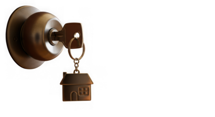 Key with house charm unlocking a door
